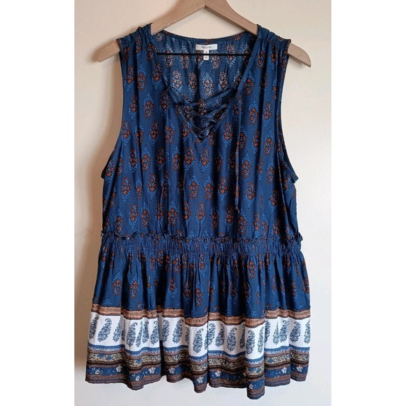 Maurices Tops - Maurices NWOT 0X 14W Boho Lace-Up Peplum Tank Top Folk Border Print Blue